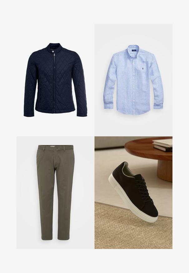 Tumesinine tikitud jakk, millel on püstine krae, täispikk tõmblukk ja kaks küljetaskut. Materjal on sileda tekstuuriga ja kaunistatud rombikujuliste mustritega.; Sinine ja valge triibuline pikkade varrukatega särk, mis on valmistatud puuvillast, ning millel on nööbitav krae, esi-nööbid ja väikese tikandiga logo rinnal.; Oliivrohelised püksid, mis on valmistatud puuvillasegistusest. Sirge jala disain, lamedaga ees, nupu sulgemine ja vööpingutamise konksud. Sile tekstuur.; Mustad musta tossuga valge tallaga, mis hõljub beeži tekstuuriga vaiba kohal, ümaral puidust laual, mille peal on kokku virnastatud raamatud.