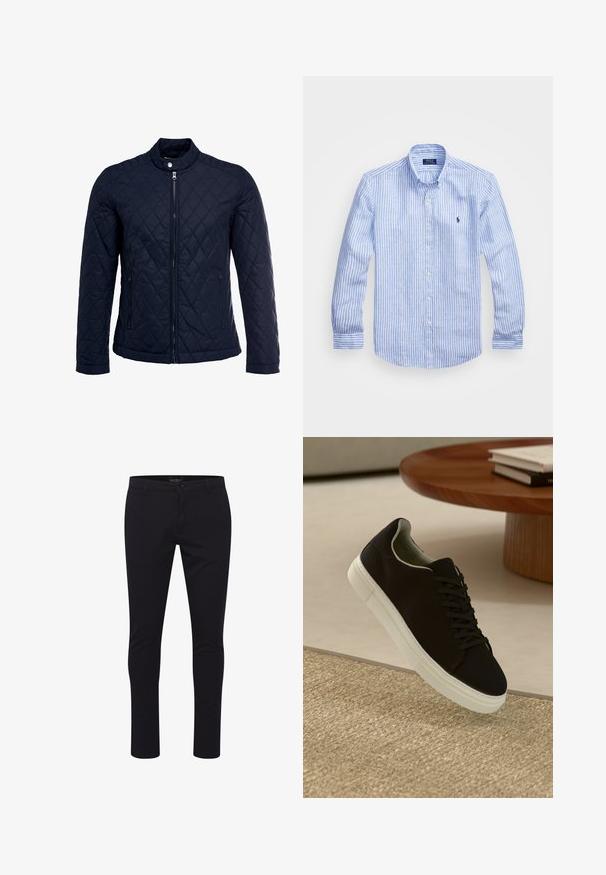 Navy quilted jacket featuring a stand-up collar, full front zip, and two side pockets. Material has a smooth texture with diamond patterns.; Blue and white striped long-sleeve shirt made of cotton, featuring a button-down collar, front buttons, and a small embroidered logo on the chest.; Dark blue slim-fit trousers made from a smooth, woven fabric. Features standard waist with front pockets and a single button closure.; Black sneaker with white sole floating above beige textured rug near round wooden table with stacked books.