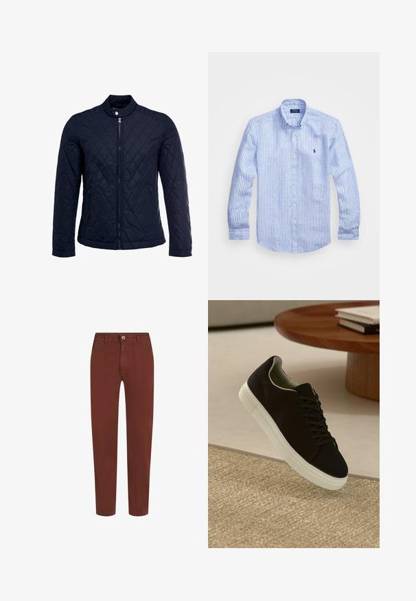 Námorníkovo prešívané sako s vysokým golierom, plným predným zipsom a dvoma bočnými vreckami. Materiál má hladkú textúru s diamantom vzorom.; Modrá a biela prúžkovaná košeľa s dlhými rukávmi vyrobená z bavlny, vybavená golierom na gombíky, prednými gombíkmi a malým vyšitým logom na hrudi.; Hnedé nohavice rovného strihu s predným gombíkom, pútkami na opasok a bočnými vreckami, vystavené na bielom pozadí.; Čierna teniska s bielou podrážkou plávajúca nad béžovým textúrovaným kobercom pri okrúhlom drevenom stole s hromadou kníh.