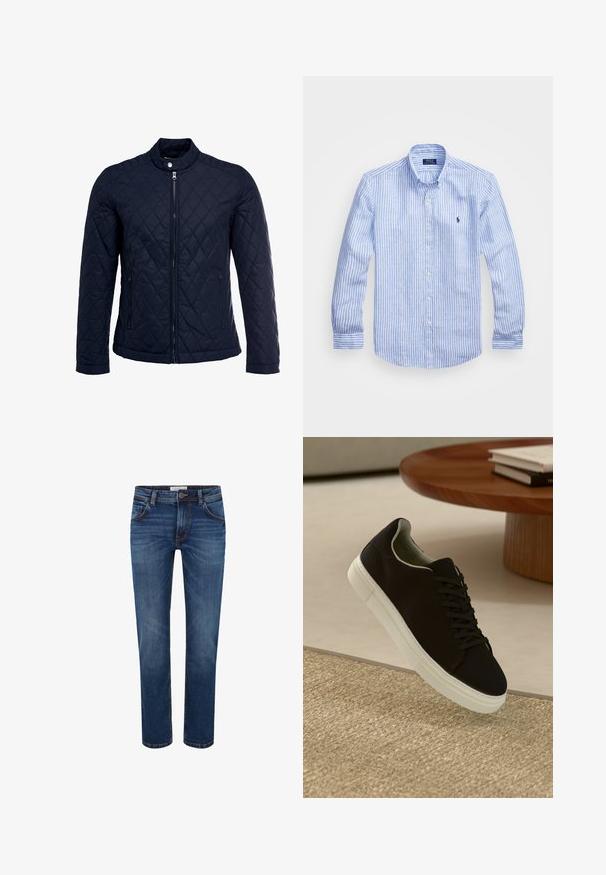 Tamsiai mėlynas užsegamas dubliažinis švarkas su stovinčiu apykakliu, visiškai užtraukiamas priekyje, ir dviem šoninėmis kišenėmis. Medžiaga turi lygią tekstūrą su deimantiniais raštais.; Mėlynos ir baltos dryžuotos ilgomis rankovėmis medvilninė marškiniai, turintys sagtelę ant apykaklės, priekinius mygtukus ir mažą išsiuvinėtą logotipą krūtinėje.; Tamsiai mėlynos džinsinės kelnes su tiesiomis kojomis, penkių kišenių stiliumi ir kontrastingu siūlu. Standartinė juosmens juosta su mygtuko uždarymu.; Juodas sportinis batelis su baltu padu, lekiančius virš smėlio spalvos tekstūruoto kilimo šalia apvalaus medinio stalo su sukrautomis knygomis.