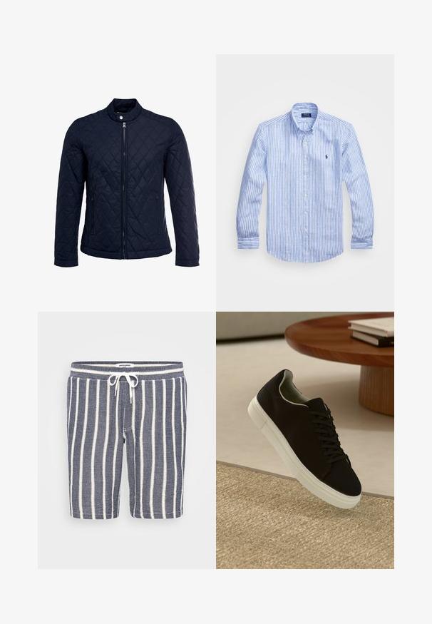 Navy quilted jacket featuring a stand-up collar, full front zip, and two side pockets. Material has a smooth texture with diamond patterns.; Blue and white striped long-sleeve shirt made of cotton, featuring a button-down collar, front buttons, and a small embroidered logo on the chest.; Blue and white striped shorts made of textured fabric, featuring an elastic waistband with a drawstring. Length is mid-thigh.; Black sneaker with white sole floating above beige textured rug near round wooden table with stacked books.