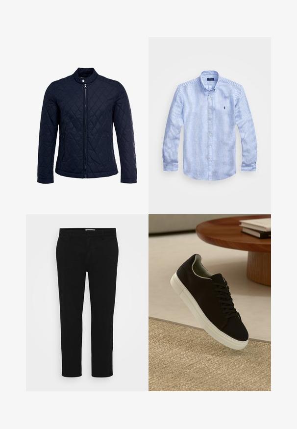 Marinefarbenes wattiertes Jackett mit Stehkragen, durchgehendem Reißverschluss und zwei seitlichen Taschen. Das Material hat eine glatte Textur mit Rautenmuster.; Blau-weißer gestreifter Langarmshirt aus Baumwolle mit einem Button-Down-Kragen, Frontknöpfen und einem kleinen gestickten Logo auf der Brust.; Schwarze Baumwollhosen mit geradem Schnitt, Fronttaschen, einem Knopfverschluss und einer sauberen, glatten Textur. Keine sichtbaren Muster oder Verzierungen.; Schwarze Sneakers mit weißer Sohle, die über einem beige strukturierten Teppich schweben, in der Nähe eines runden Holztisches mit gestapelten Büchern.