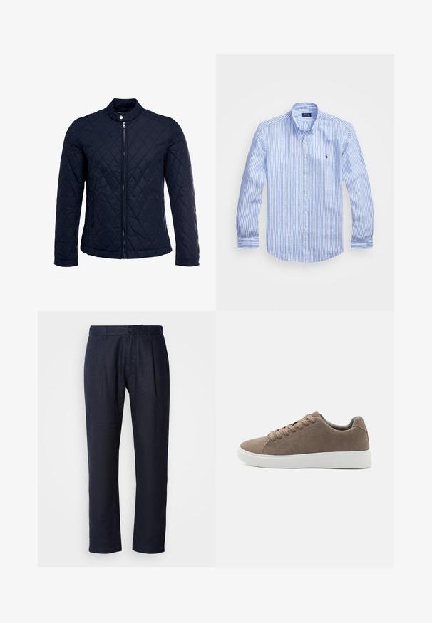 Tengerész kék steppelt dzseki, állógallérral, teljes előlapi cipzárral és két oldalsó zsebbel. Az anyag sima textúrájú, gyémánt mintázattal.; Kék és fehér csíkos, hosszú ujjú pamut ing, gombos gallérral, elől gombokkal és egy kis hímzett logóval a mellkason.; Sötét tengerészkék vászon nadrág, első hajtásokkal, övcsatos derékkal és egy gombos záródással.; Barna nubuk sportcipők lapos fehér gumitalppal, fűzős kialakítással, lekerekített orral és sima textúrával. Minimalista stílus, finom varrási részletekkel.