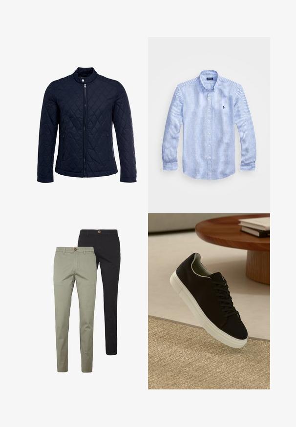 Jūras spēku krāsas nokrāsots džemperis ar izšūtu apkakli, pilnu priekšējo rāvējslēdzēju un divām sānu kabatām. Materiāls ir ar gludu faktūru, ar dimanta rakstiem.; Zila un baltā svītru garām piedurknēm krekls izgatavots no kokvilnas, ar pogājamu apkakli, priekšējām pogām un nelielu izšūtu logotipu uz krūtīm.; Divas slim-fit bikses: vienas gaiši beidzot kokvilnā ar pogu detaļām, otras solidā melnā kokvilnā, abām ir sānu kabatas.; Melni sporta apavi ar baltu zoli, kas peld virs bēša tekstūrēta paklāja netālu no apaļa koka galda ar sakrautiem grāmatām.