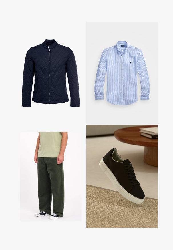 Marineblauwe gewatteerde jas met een staande kraag, volledige ritssluiting aan de voorkant en twee zijzakken. Materiaal heeft een gladde textuur met ruitpatronen.; Blauw-wit gestreept overhemd met lange mouwen van katoen, met een button-down kraag, knopen aan de voorkant en een klein geborduurd logo op de borst.; Groene corduroy brede broek met een zachte textuur. Voorzien van een lichtgroen shirt en zwart-witte sneakers. Eenvoudig, praktisch ontwerp.; Zwarte sneaker met witte zool die boven een beige gestructureerd tapijt zweeft, nabij een ronde houten tafel met gestapelde boeken.
