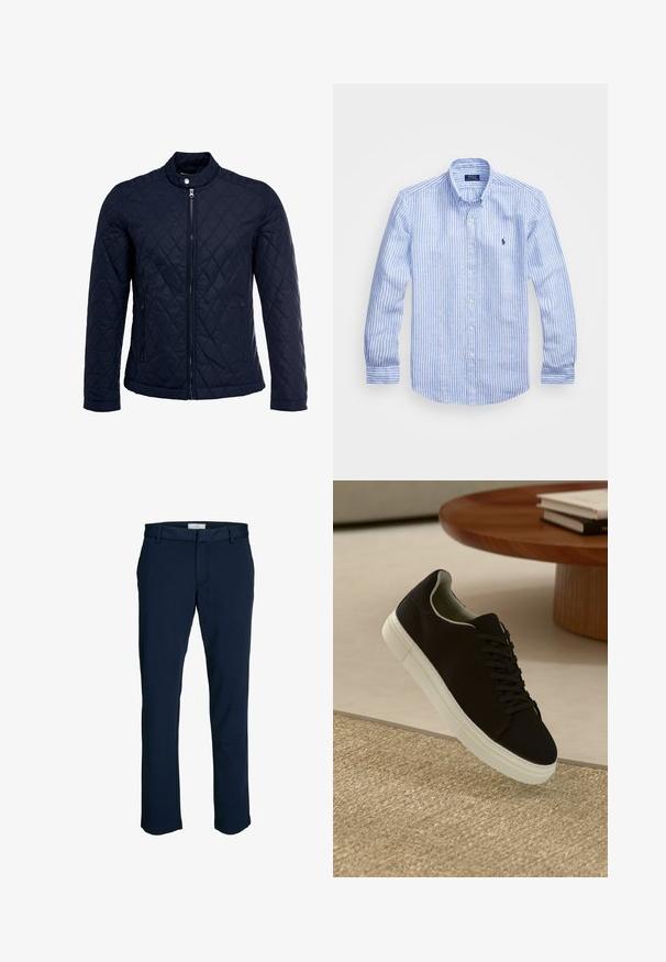 Navy quilted jacket featuring a stand-up collar, full front zip, and two side pockets. Material has a smooth texture with diamond patterns.; Blue and white striped long-sleeve shirt made of cotton, featuring a button-down collar, front buttons, and a small embroidered logo on the chest.; Navy blue cotton blend trousers with a straight-leg design, featuring a flat front, belt loops, and no visible pockets or embellishments.; Black sneaker with white sole floating above beige textured rug near round wooden table with stacked books.