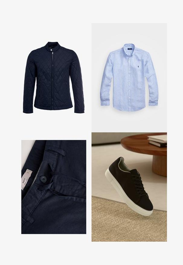 Marinefarbenes wattiertes Jackett mit Stehkragen, durchgehendem Reißverschluss und zwei seitlichen Taschen. Das Material hat eine glatte Textur mit Rautenmuster.; Blau-weißer gestreifter Langarmshirt aus Baumwolle mit einem Button-Down-Kragen, Frontknöpfen und einem kleinen gestickten Logo auf der Brust.; Marineblaue Baumwollhose mit Knopfverschluss, Kordelzug und Taschendetail. Glatte Textur mit regulärer Passform. Sichtbares Etikett.; Schwarze Sneakers mit weißer Sohle, die über einem beige strukturierten Teppich schweben, in der Nähe eines runden Holztisches mit gestapelten Büchern.