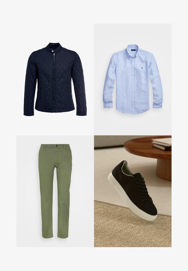 Granatowa pikowana kurtka z stojącym kołnierzem, pełnym zamkiem błyskawicznym i dwoma bocznymi kieszeniami. Materiał ma gładką teksturę z diamentowym wzorem.; Niebiesko-biała, w paski, koszula z długim rękawem, wykonana z bawełny, z kołnierzykiem zapinanym na guziki, guzikami z przodu oraz małym haftowanym logo na klatce piersiowej.; Spodnie w kolorze khaki o gładkiej fakturze, z zapięciem na guzik i pięcioma kieszeniami, zaprojektowane w kroju prostym.; Czarny sneaker z białą podeszwą unoszący się nad beżowym, teksturowanym dywanem w pobliżu okrągłego drewnianego stołu z poukładanymi książkami.