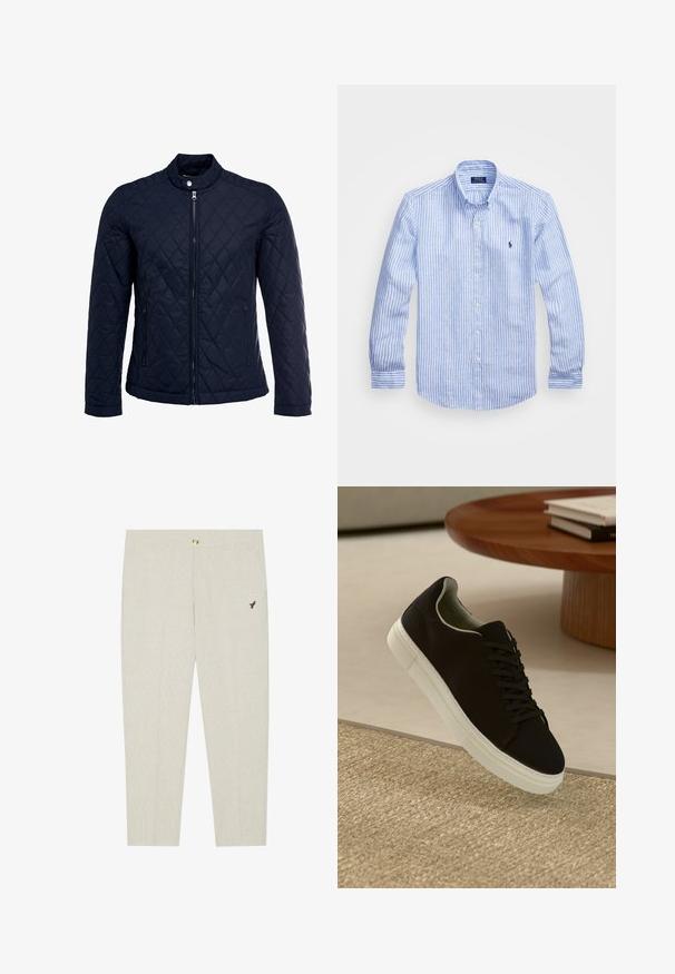 Navy quilted jacket featuring a stand-up collar, full front zip, and two side pockets. Material has a smooth texture with diamond patterns.; Blue and white striped long-sleeve shirt made of cotton, featuring a button-down collar, front buttons, and a small embroidered logo on the chest.; Light beige tailored trousers with subtle texture, featuring a button closure and an embroidered dark emblem near the pocket.; Black sneaker with white sole floating above beige textured rug near round wooden table with stacked books.