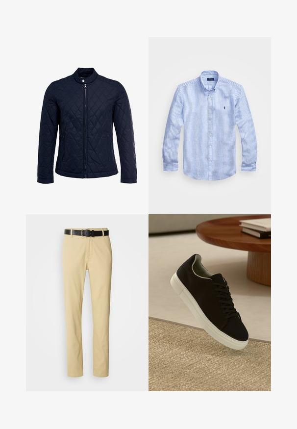 Navy quilted jacket featuring a stand-up collar, full front zip, and two side pockets. Material has a smooth texture with diamond patterns.; Blue and white striped long-sleeve shirt made of cotton, featuring a button-down collar, front buttons, and a small embroidered logo on the chest.; Beige cotton trousers with a straight-leg design, secured by a black leather belt featuring a silver buckle.; Black sneaker with white sole floating above beige textured rug near round wooden table with stacked books.