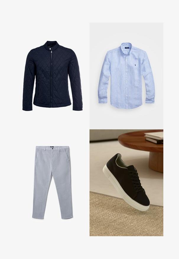 Marinefarbenes wattiertes Jackett mit Stehkragen, durchgehendem Reißverschluss und zwei seitlichen Taschen. Das Material hat eine glatte Textur mit Rautenmuster.; Blau-weißer gestreifter Langarmshirt aus Baumwolle mit einem Button-Down-Kragen, Frontknöpfen und einem kleinen gestickten Logo auf der Brust.; Helle graue Corduroy-Hosen mit geradem Schnitt, die über seitliche Taschen, einen vorderen Knopfverschluss und eine strukturierte Stoffoberfläche verfügen.; Schwarze Sneakers mit weißer Sohle, die über einem beige strukturierten Teppich schweben, in der Nähe eines runden Holztisches mit gestapelten Büchern.