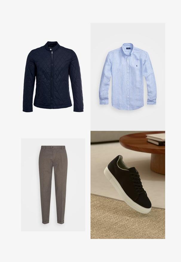 Granatowa pikowana kurtka z stojącym kołnierzem, pełnym zamkiem błyskawicznym i dwoma bocznymi kieszeniami. Materiał ma gładką teksturę z diamentowym wzorem.; Niebiesko-biała, w paski, koszula z długim rękawem, wykonana z bawełny, z kołnierzykiem zapinanym na guziki, guzikami z przodu oraz małym haftowanym logo na klatce piersiowej.; Brązowe i czarne spodnie w kratę o slim fit, z zapięciem na guzik i płaskim przodem. Wykonane z tkaniny żakardowej, charakteryzujące się gładką strukturą i dopasowanym krojem.; Czarny sneaker z białą podeszwą unoszący się nad beżowym, teksturowanym dywanem w pobliżu okrągłego drewnianego stołu z poukładanymi książkami.