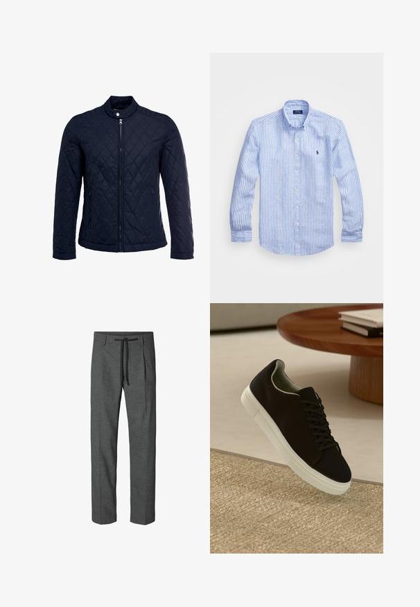 Mornarsko podloženo jakno z dvignjenim ovratnikom, polnim zadrgo in dvema stranskima žepoma. Material ima gladko teksturo s diamantnimi vzorci.; Modra in bela prugasta srajca z dolgimi rokavi iz bombaža, s kragnico na gumb, sprednjimi gumbi in majhnim izvezenim logotipom na prsih.; Sive prilagojene hlače z teksturiranim vzorcem, opremljene z vrvico v pasu in dvema stranskima žepoma. Naravna nogavica brez manšet.; Črni športni copat z belim podplatom lebdi nad bež teksturiranim preprogam blizu okroglega lesenega mize z zloženimi knjigami.