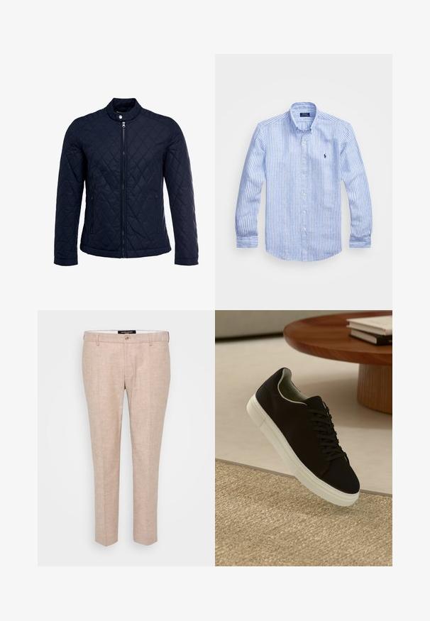 Chaqueta acolchada de color navy que cuenta con un cuello alzado, cierre frontal completo y dos bolsillos laterales. El material tiene una textura suave con patrones en forma de rombo.; Camisa de manga larga a rayas azul y blanca hecha de algodón, con cuello de botón, botones en el frente y un pequeño logo bordado en el pecho.; Pantalones de color beige claro fabricados en una mezcla de lino, con un frente plano, trabillas para cinturón y cierre de un solo botón. Diseño entallado de pierna recta.; Zapatilla negra con suela blanca flotando sobre una alfombra texturizada beige cerca de una mesa redonda de madera con libros apilados.