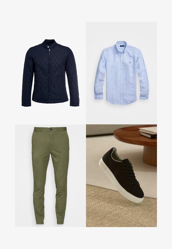 Námořnická prošívaná bunda s vysokým límcem, plným zipem a dvěma bočními kapsami. Materiál má hladkou texturu s diamantovým vzorem.; Modrá a bílá pruhovaná košile s dlouhým rukávem vyrobená z bavlny, s límcem na knoflíky, předními knoflíky a malým vyšitým logem na hrudi.; Olivově zelené chinos kalhoty s úzkým střihem, které mají přední zapínání na knoflík, poutek na opasek a hladkou, středně těžkou tkaninu.; Černé tenisky s bílou podrážkou plující nad béžovým texturovaným kobercem poblíž kulatého dřevěného stolu se stohovanými knihami.