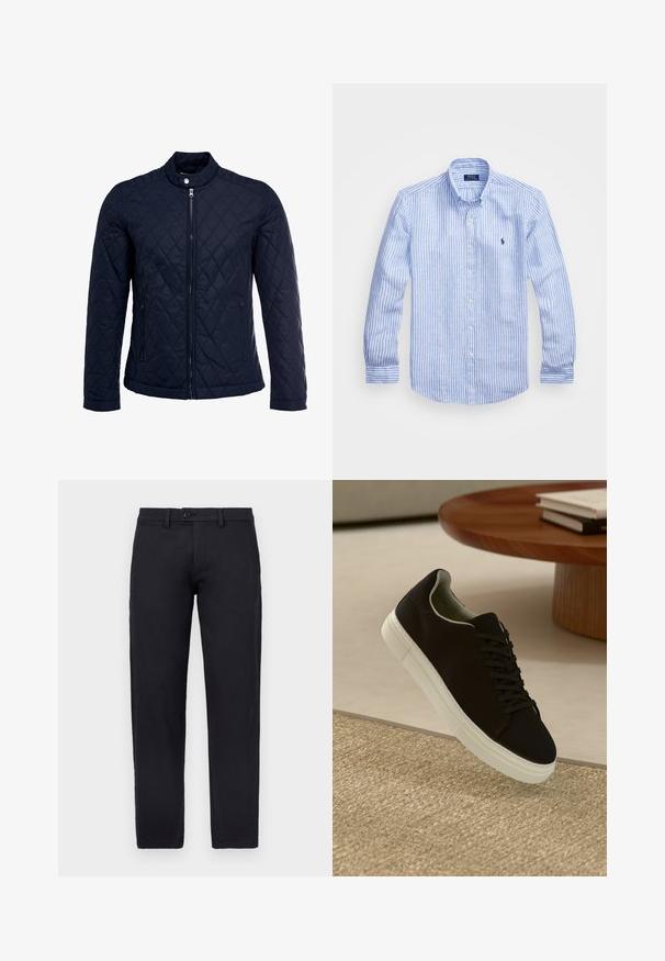 Granatowa pikowana kurtka z stojącym kołnierzem, pełnym zamkiem błyskawicznym i dwoma bocznymi kieszeniami. Materiał ma gładką teksturę z diamentowym wzorem.; Niebiesko-biała, w paski, koszula z długim rękawem, wykonana z bawełny, z kołnierzykiem zapinanym na guziki, guzikami z przodu oraz małym haftowanym logo na klatce piersiowej.; Czarne bawełniane spodnie o prostym kroju, z zapięciem na guziki z przodu i szlufkami na pasek. Gładka faktura bez widocznych wzorów.; Czarny sneaker z białą podeszwą unoszący się nad beżowym, teksturowanym dywanem w pobliżu okrągłego drewnianego stołu z poukładanymi książkami.