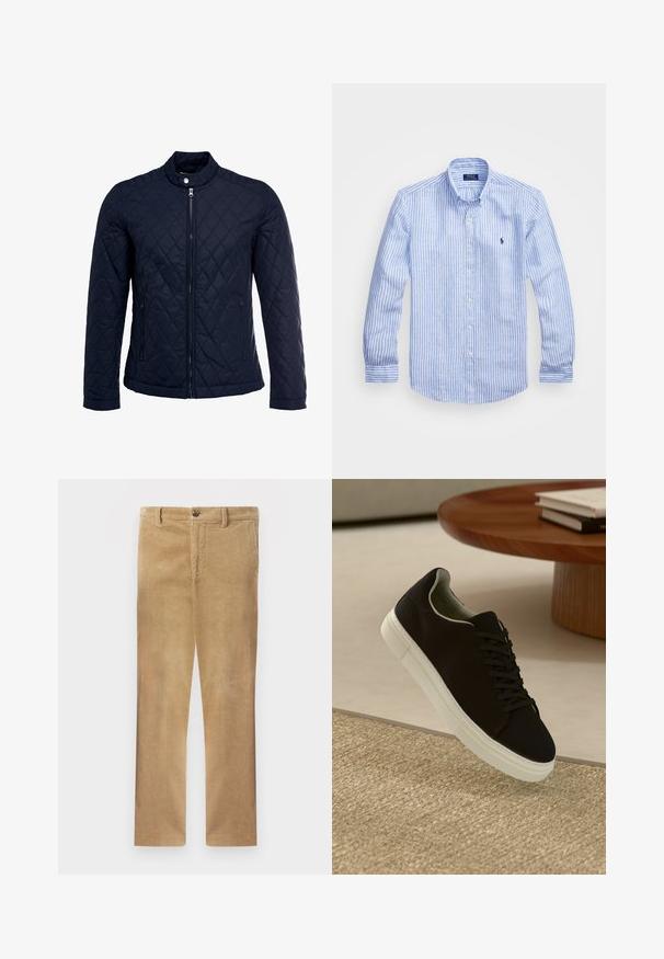 Tumesinine tikitud jakk, millel on püstine krae, täispikk tõmblukk ja kaks küljetaskut. Materjal on sileda tekstuuriga ja kaunistatud rombikujuliste mustritega.; Sinine ja valge triibuline pikkade varrukatega särk, mis on valmistatud puuvillast, ning millel on nööbitav krae, esi-nööbid ja väikese tikandiga logo rinnal.; Kaki kukkakangast püksid otse lõikega, millel on õrnad vertikaalsed sooned, nööbiga kinnitamine ja tavalised vöökohad.; Mustad musta tossuga valge tallaga, mis hõljub beeži tekstuuriga vaiba kohal, ümaral puidust laual, mille peal on kokku virnastatud raamatud.