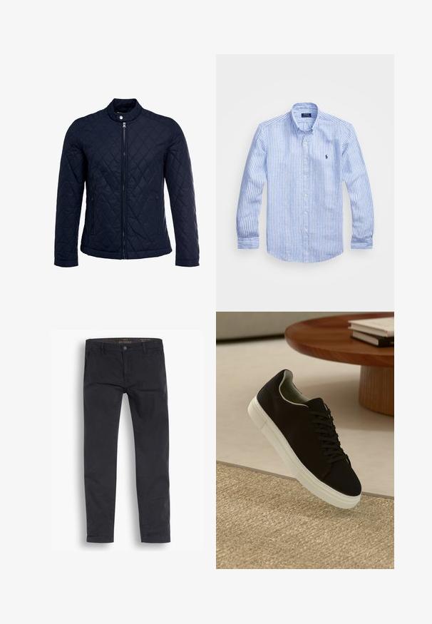 Jūras spēku krāsas nokrāsots džemperis ar izšūtu apkakli, pilnu priekšējo rāvējslēdzēju un divām sānu kabatām. Materiāls ir ar gludu faktūru, ar dimanta rakstiem.; Zila un baltā svītru garām piedurknēm krekls izgatavots no kokvilnas, ar pogājamu apkakli, priekšējām pogām un nelielu izšūtu logotipu uz krūtīm.; Melnas chino bikses no kokvilnas. Tām ir standarta sašaurinājuma dizains, priekšējās kabatas un pogu aizdare ar gludu tekstūru.; Melni sporta apavi ar baltu zoli, kas peld virs bēša tekstūrēta paklāja netālu no apaļa koka galda ar sakrautiem grāmatām.