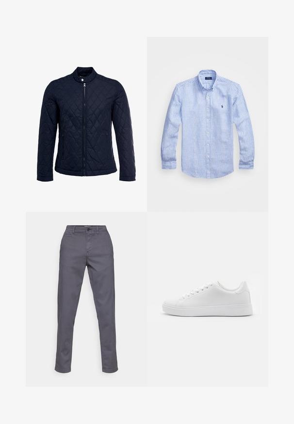 Mornarska jakna od ripsa s uzastopnim ovratnikom, punim prednjim zatvaračem i dva bočna džepa. Materijal ima glatku teksturu s dijamantnim uzorcima.; Plava i bijela prugasta košulja dugih rukava od pamuka, s ovratnikom na dugmad, prednjim dugmadi i malim izvezenim logom na prsima.; Sive pamučne hlače ravnog kroja, s kopčanjem na dugme, petljama za remen i bočnim džepovima. Glatka tekstura i bez vidljivih uzoraka.; Bijele tenisice s glatkim sintetičkim gornjim dijelom, okruglim nožnim prstom, šest rupa za vezanje i niskoprofilnom gumenom potplatom s teksturiranim detaljima.