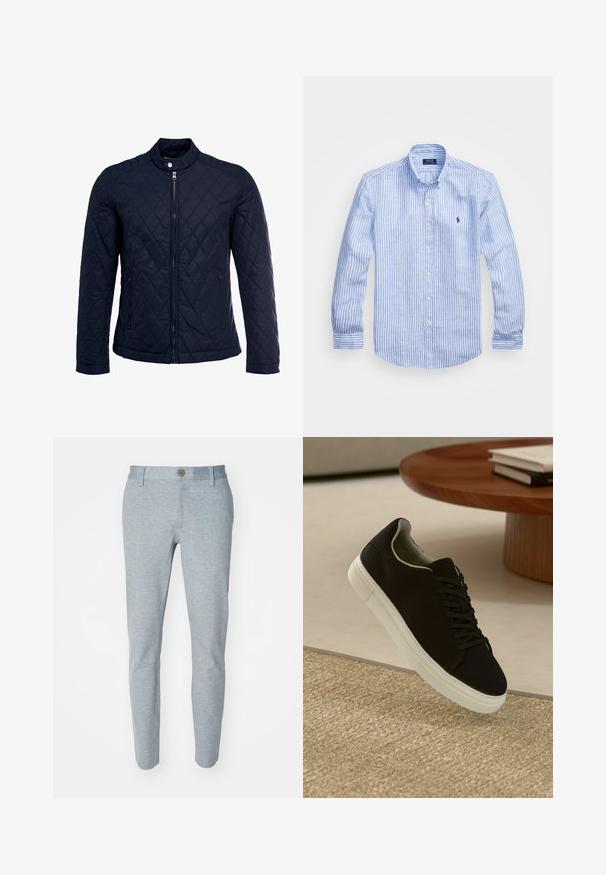 Marinefarbenes wattiertes Jackett mit Stehkragen, durchgehendem Reißverschluss und zwei seitlichen Taschen. Das Material hat eine glatte Textur mit Rautenmuster.; Blau-weißer gestreifter Langarmshirt aus Baumwolle mit einem Button-Down-Kragen, Frontknöpfen und einem kleinen gestickten Logo auf der Brust.; Helle blaue Hose aus strukturiertem Stoff, mit Knopfverschluss und schmal zulaufendem Bein. Keine sichtbaren Muster oder Akzente.; Schwarze Sneakers mit weißer Sohle, die über einem beige strukturierten Teppich schweben, in der Nähe eines runden Holztisches mit gestapelten Büchern.