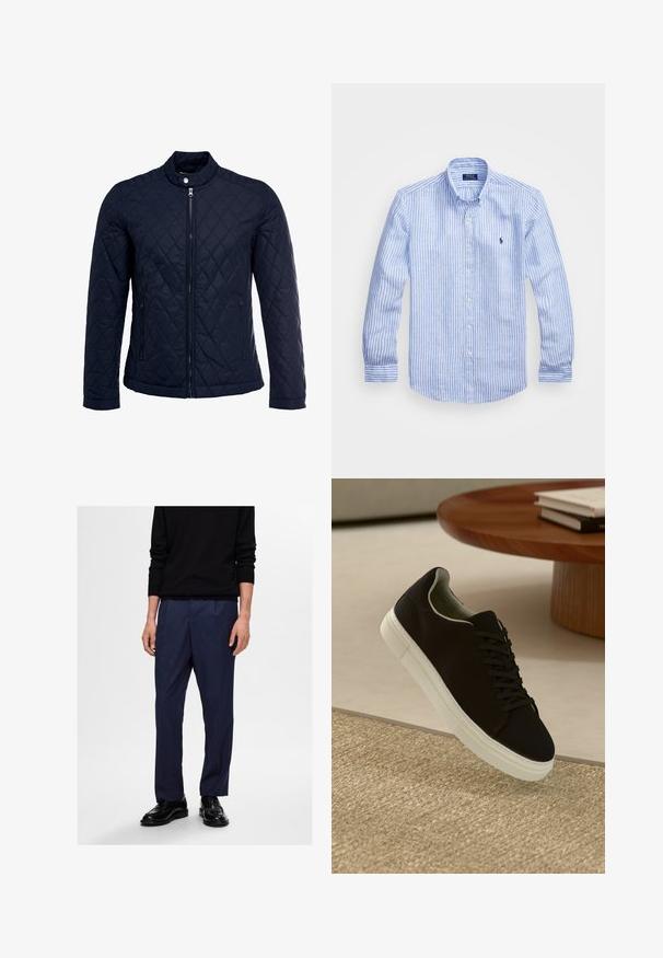 Marineblå quiltet jakke med stått krage, hel frontglidelås og to sidelommer. Materialet har en glatt tekstur med diamantmønster.; Blå og hvit stripete langermet skjorte laget av bomull, med knappekrage, frontknapper og en liten brodert logo på brystet.; Mørkeblå skreddersydde bukser laget av et glatt stoff, med rett snitt og subtile frontfolder, kombinert med svarte dressko.; Svart sneakers med hvit såle som svever over en beige teksturert teppe nær et rundt trebord med stablede bøker.