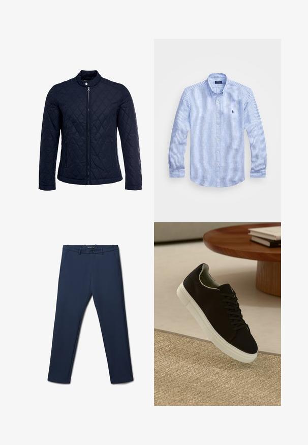 Veste matelassée bleu marine avec col montant, fermeture éclair sur le devant et deux poches latérales. Le matériau a une texture lisse avec des motifs en losange.; Chemise à rayures bleues et blanches à manches longues en coton, dotée d'un col boutonné, de boutons sur le devant et d'un petit logo brodé sur la poitrine.; Pantalons bleu marine présentés à plat. Les caractéristiques comprennent des poches avant, une fermeture à bouton et un design élégant adapté à un usage décontracté ou formel.; Baskets noires avec semelle blanche flottant au-dessus d'un tapis texturé beige, près d'une table en bois ronde avec des livres empilés.