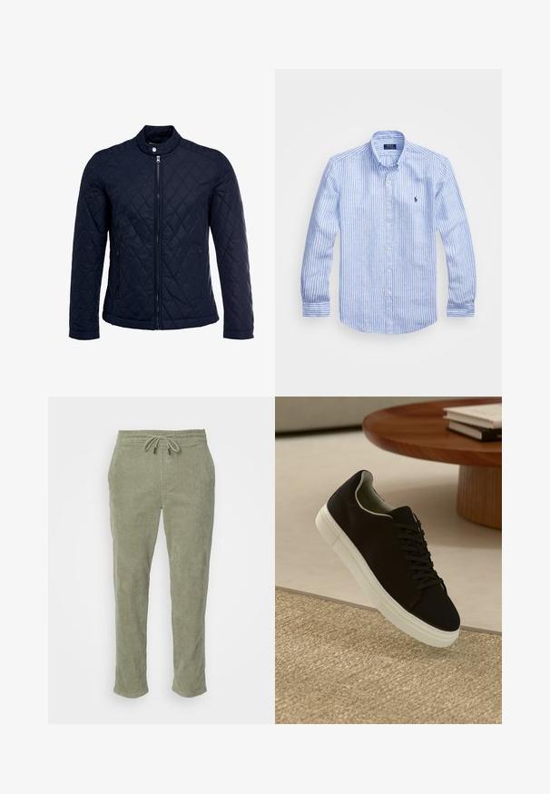 Giacca trapuntata blu navy con colletto alto, zip frontale completa e due tasche laterali. Il materiale ha una texture liscia con motivi a rombi.; Camicia a maniche lunghe a righe bianche e blu in cotone, con colletto button-down, bottoni frontali e un piccolo logo ricamato sul petto.; Pantaloni in corda khaki con vita elastica, cordoncino regolabile e gambe dritte. Presentano una pronunciata texture a coste su tutta la superficie.; Sneaker nero con suola bianca che flotta sopra un tappeto beige testurizzato vicino a un tavolo rotondo in legno con libri impilati.