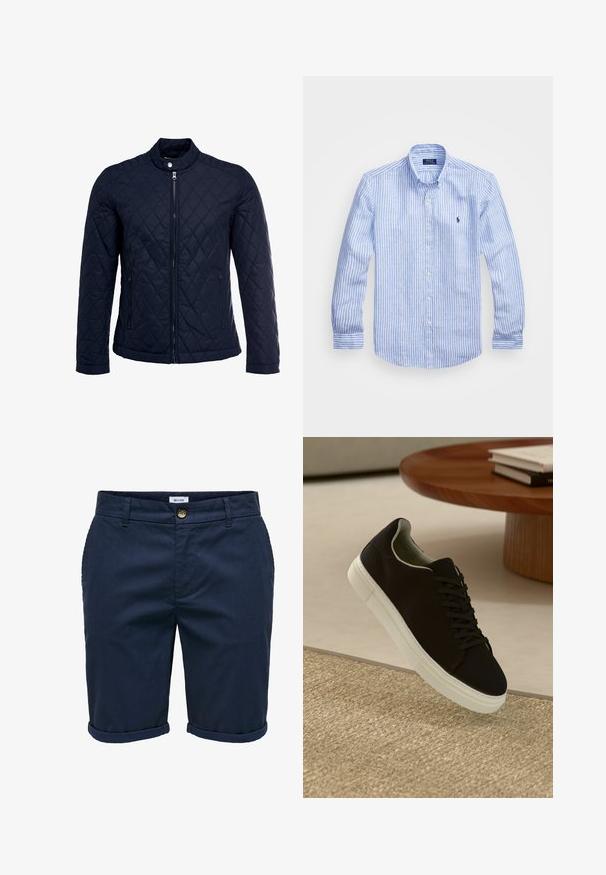 Tengerész kék steppelt dzseki, állógallérral, teljes előlapi cipzárral és két oldalsó zsebbel. Az anyag sima textúrájú, gyémánt mintázattal.; Kék és fehér csíkos, hosszú ujjú pamut ing, gombos gallérral, elől gombokkal és egy kis hímzett logóval a mellkason.; Sötétkék rövidnadrág texturált anyagból, gombos záródással, felgördített szegélyekkel és oldalzsebekkel, diszkrét mintázattal.; Fekete sneakers fehér talppal lebeg egy bézs textúrájú szőnyeg felett, egy kerek fából készült asztal közelében, rajta egymásra pakolt könyvekkel.