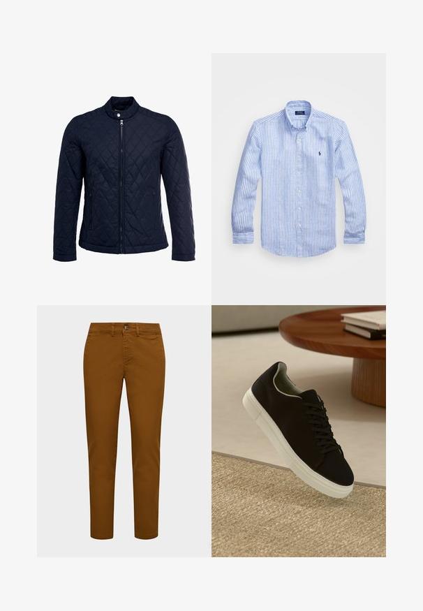 Tengerész kék steppelt dzseki, állógallérral, teljes előlapi cipzárral és két oldalsó zsebbel. Az anyag sima textúrájú, gyémánt mintázattal.; Kék és fehér csíkos, hosszú ujjú pamut ing, gombos gallérral, elől gombokkal és egy kis hímzett logóval a mellkason.; Barna pamut chino nadrág, slim fit szabással, elülső gombos záródással és övhurkokkal. Sima tapintású és szűkített lábakkal.; Fekete sneakers fehér talppal lebeg egy bézs textúrájú szőnyeg felett, egy kerek fából készült asztal közelében, rajta egymásra pakolt könyvekkel.