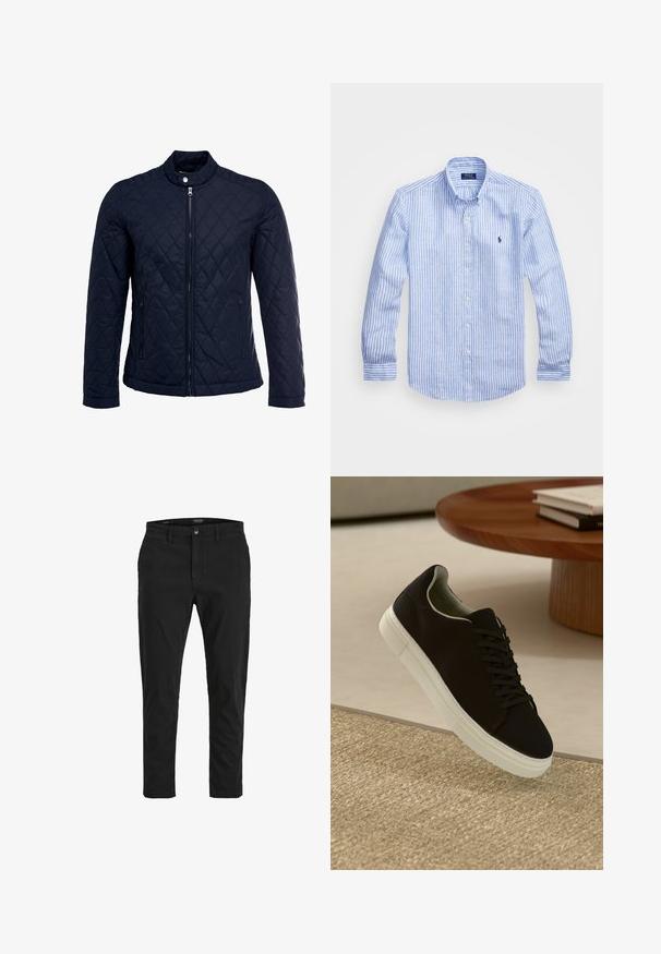 Jachetă matlasată de culoare bleumarin, cu guler în picioare, fermoar pe întreaga lungime și două buzunare laterale. Materialul are o textură netedă, cu modele în diamant.; Cămașă cu dungi albastre și albe, cu mânecă lungă, fabricată din bumbac, având un guler cu nasturi, nasturi pe față și un mic logo brodat pe piept.; Chino negri cu o croială slim, fabricat din bumbac. Prezentare cu închidere cu buton, buzunare frontale și o textură netedă. Design curat, fără modele.; Pantof din material textil negru, cu talpă albă, plutind deasupra unui covor texturat bej, lângă o masă rotundă din lemn cu cărți stivuite.