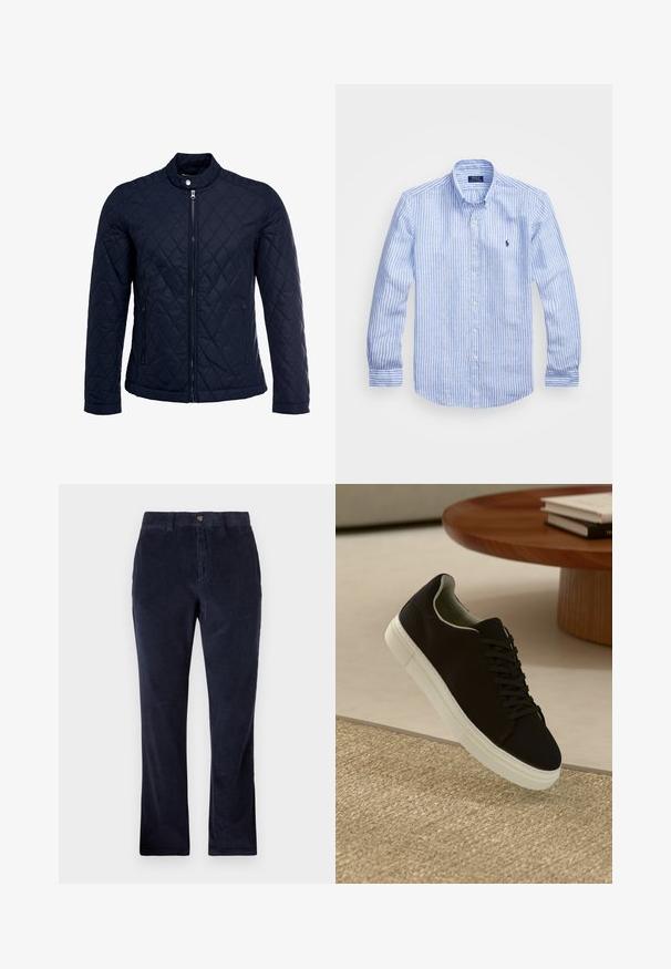 Veste matelassée bleu marine avec col montant, fermeture éclair sur le devant et deux poches latérales. Le matériau a une texture lisse avec des motifs en losange.; Chemise à rayures bleues et blanches à manches longues en coton, dotée d'un col boutonné, de boutons sur le devant et d'un petit logo brodé sur la poitrine.; Pantalons en corduroy bleu marine avec une coupe droite, dotés d'une fermeture à bouton, de passants de ceinture et d'un tissu à côtes texturé.; Baskets noires avec semelle blanche flottant au-dessus d'un tapis texturé beige, près d'une table en bois ronde avec des livres empilés.