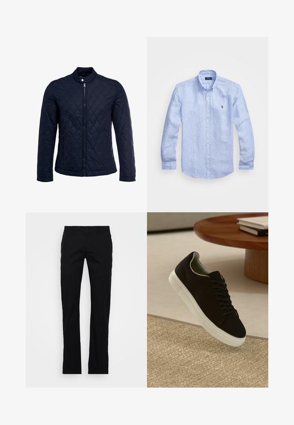 Casaco acolchoado azul-marinho com gola elevada, fecho de correr à frente e dois bolsos laterais. O material tem uma textura suave com padrões de diamante.; Camisa de manga longa azul e branca com riscas, feita de algodão, apresentando um colarinho abotoado, botões frontais e um pequeno logotipo bordado no peito.; Calças pretas de perna reta em tecido de algodão, com fecho de botão, passantes para cinto e um design simples sem padrões ou acessórios adicionais.; Sneaker preto com sola branca flutuando acima de um tapete texturizado bege, perto de uma mesa redonda de madeira com livros empilhados.