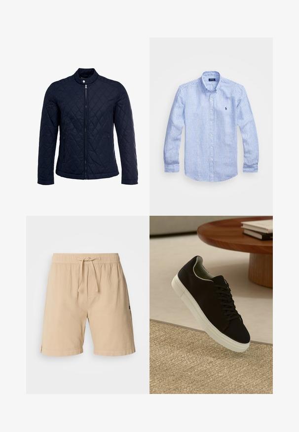 Marinefarbenes wattiertes Jackett mit Stehkragen, durchgehendem Reißverschluss und zwei seitlichen Taschen. Das Material hat eine glatte Textur mit Rautenmuster.; Blau-weißer gestreifter Langarmshirt aus Baumwolle mit einem Button-Down-Kragen, Frontknöpfen und einem kleinen gestickten Logo auf der Brust.; Beige Shorts aus Baumwolle mit elastischem Bund, Kordelzug, seitlichen Taschen und genähten Hemdendetails.; Schwarze Sneakers mit weißer Sohle, die über einem beige strukturierten Teppich schweben, in der Nähe eines runden Holztisches mit gestapelten Büchern.