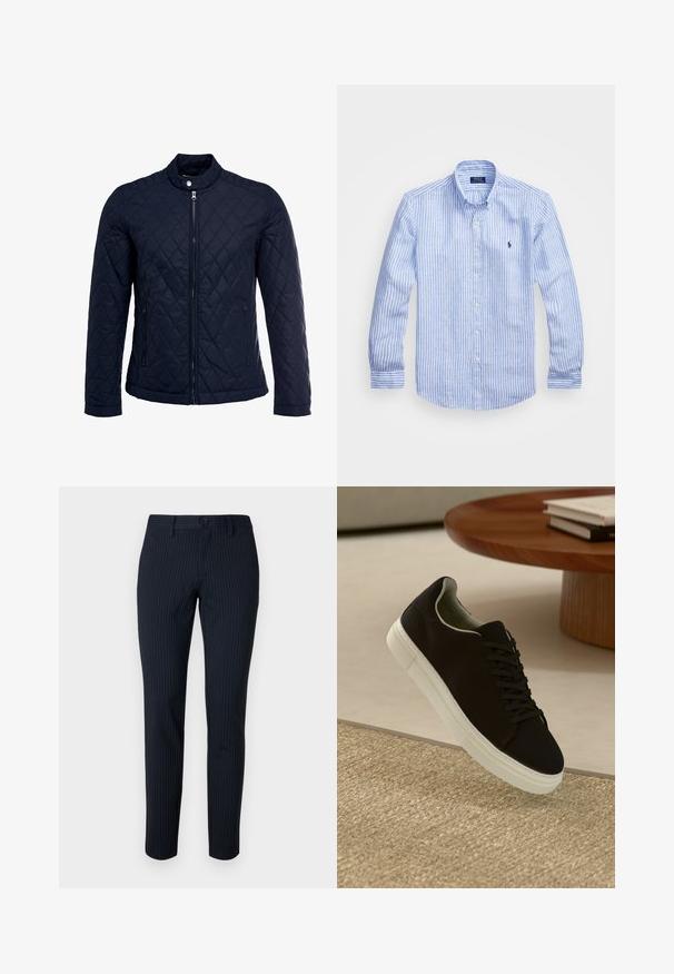Marinefarbenes wattiertes Jackett mit Stehkragen, durchgehendem Reißverschluss und zwei seitlichen Taschen. Das Material hat eine glatte Textur mit Rautenmuster.; Blau-weißer gestreifter Langarmshirt aus Baumwolle mit einem Button-Down-Kragen, Frontknöpfen und einem kleinen gestickten Logo auf der Brust.; Marineblaue Hose mit feinen vertikalen Streifen, aus einem glatten Stoff gefertigt. Verfügt über einen Knopfverschluss und eine taillierte Passform mit geraden Beinen.; Schwarze Sneakers mit weißer Sohle, die über einem beige strukturierten Teppich schweben, in der Nähe eines runden Holztisches mit gestapelten Büchern.