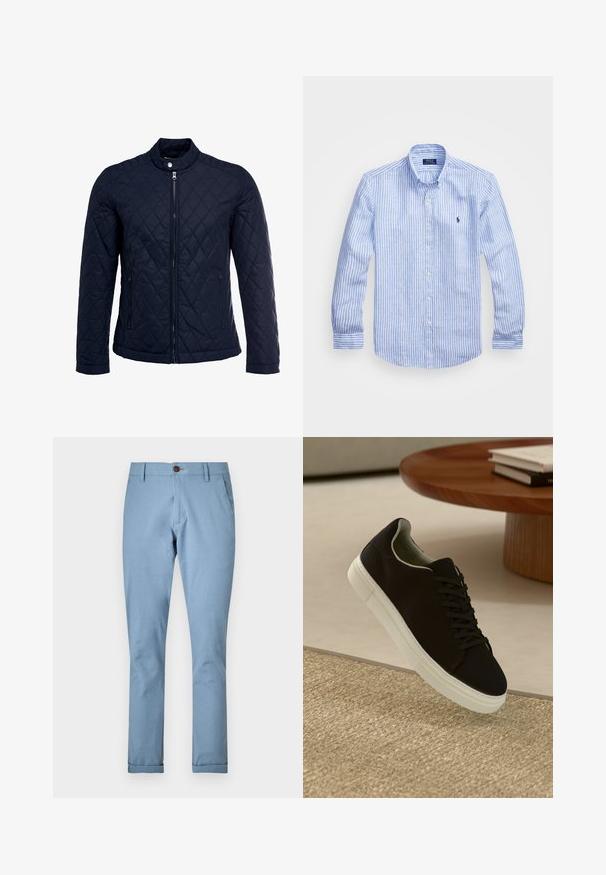 Marinefarbenes wattiertes Jackett mit Stehkragen, durchgehendem Reißverschluss und zwei seitlichen Taschen. Das Material hat eine glatte Textur mit Rautenmuster.; Blau-weißer gestreifter Langarmshirt aus Baumwolle mit einem Button-Down-Kragen, Frontknöpfen und einem kleinen gestickten Logo auf der Brust.; Helle blaue Hose aus gewebtem Stoff, mit Knopfverschluss und normalen Taschen, im schmalen Schnitt und mit umgeschlagenen Säumen.; Schwarze Sneakers mit weißer Sohle, die über einem beige strukturierten Teppich schweben, in der Nähe eines runden Holztisches mit gestapelten Büchern.