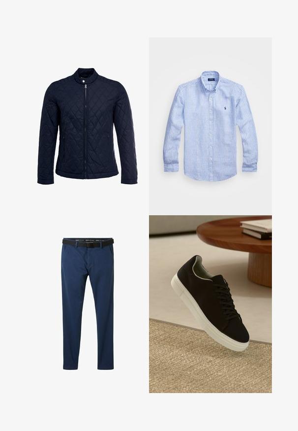Marineblå quiltet jakke med ståkrave, fuld lynlås foran og to sidelommer. Materialet har en glat tekstur med diamantmønstre.; Blå og hvid stribet langærmet skjorte lavet af bomuld, med knap-ned krave, frontknapper og et lille broderet logo på brystet.; Mørkeblå bukser lavet af et glat stof, med flad front, sidelommer og et sort bælte med en firkantet spænde.; Sort sneaker med hvid sål svævende over en beige tekstureret tæppe nær et rundt trætabel med stablede bøger.