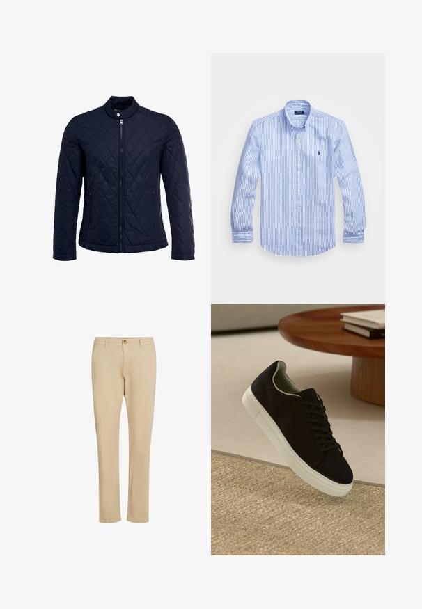 Marineblauwe gewatteerde jas met een staande kraag, volledige ritssluiting aan de voorkant en twee zijzakken. Materiaal heeft een gladde textuur met ruitpatronen.; Blauw-wit gestreept overhemd met lange mouwen van katoen, met een button-down kraag, knopen aan de voorkant en een klein geborduurd logo op de borst.; Beige broek met een recht gesneden ontwerp, voorzien van een rits en knoopsluiting, gemaakt van gladde stof met subtiele stiksels.; Zwarte sneaker met witte zool die boven een beige gestructureerd tapijt zweeft, nabij een ronde houten tafel met gestapelde boeken.