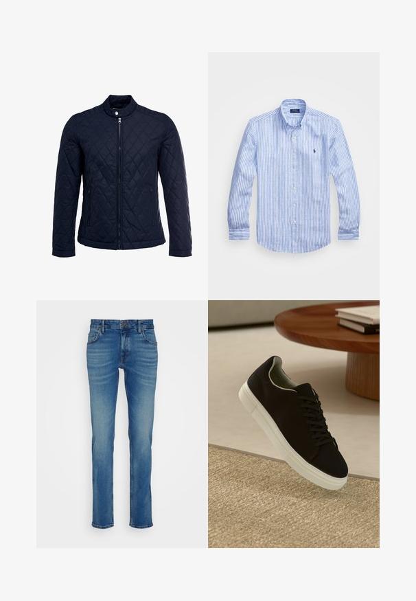 Tamsiai mėlynas užsegamas dubliažinis švarkas su stovinčiu apykakliu, visiškai užtraukiamas priekyje, ir dviem šoninėmis kišenėmis. Medžiaga turi lygią tekstūrą su deimantiniais raštais.; Mėlynos ir baltos dryžuotos ilgomis rankovėmis medvilninė marškiniai, turintys sagtelę ant apykaklės, priekinius mygtukus ir mažą išsiuvinėtą logotipą krūtinėje.; Mėlyni džinsai su tiesiu kirpimu, penkiomis kišenėmis ir mygtukiniu juosmeniu, šiek tiek išblukę ir turintys šviesinimo detalių.; Juodas sportinis batelis su baltu padu, lekiančius virš smėlio spalvos tekstūruoto kilimo šalia apvalaus medinio stalo su sukrautomis knygomis.