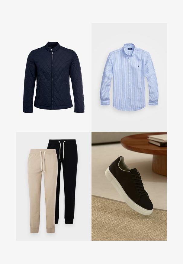 Marineblauwe gewatteerde jas met een staande kraag, volledige ritssluiting aan de voorkant en twee zijzakken. Materiaal heeft een gladde textuur met ruitpatronen.; Blauw-wit gestreept overhemd met lange mouwen van katoen, met een button-down kraag, knopen aan de voorkant en een klein geborduurd logo op de borst.; Twee paar sweatpants: één beige en één zwart, met elastische boorden en een trekkoord in de taille met zilveren hardwareaccenten.; Zwarte sneaker met witte zool die boven een beige gestructureerd tapijt zweeft, nabij een ronde houten tafel met gestapelde boeken.