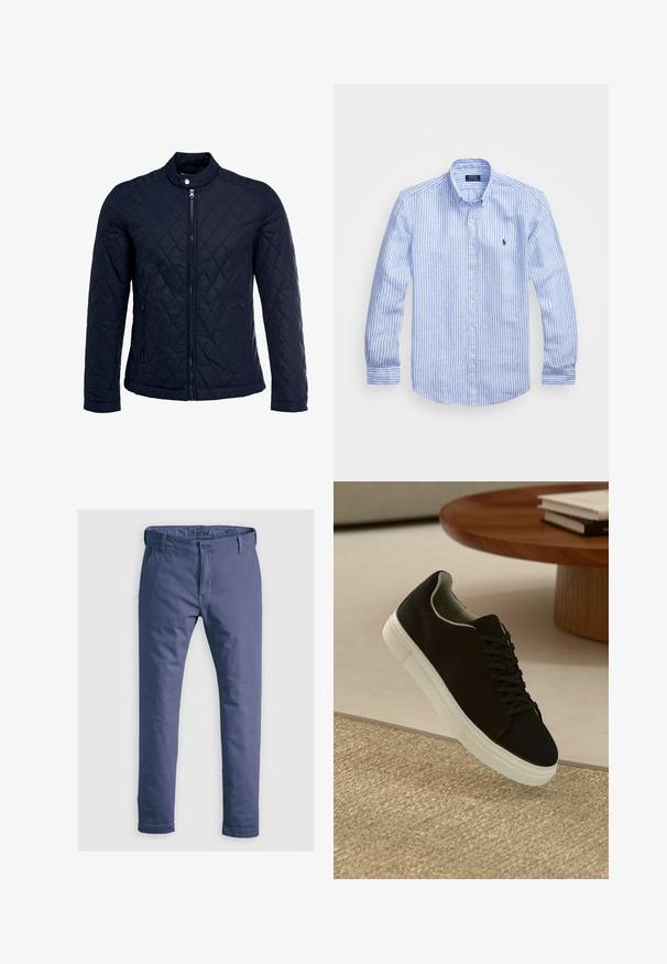 Mornarsko podloženo jakno z dvignjenim ovratnikom, polnim zadrgo in dvema stranskima žepoma. Material ima gladko teksturo s diamantnimi vzorci.; Modra in bela prugasta srajca z dolgimi rokavi iz bombaža, s kragnico na gumb, sprednjimi gumbi in majhnim izvezenim logotipom na prsih.; Modri bombažni chinos hlače z gladko teksturo, ožji kroj, pasnimi zankami, gumbom za zapiranje in zvitimi manšetami. Imenuje se blagovna znamka na pasu.; Črni športni copat z belim podplatom lebdi nad bež teksturiranim preprogam blizu okroglega lesenega mize z zloženimi knjigami.