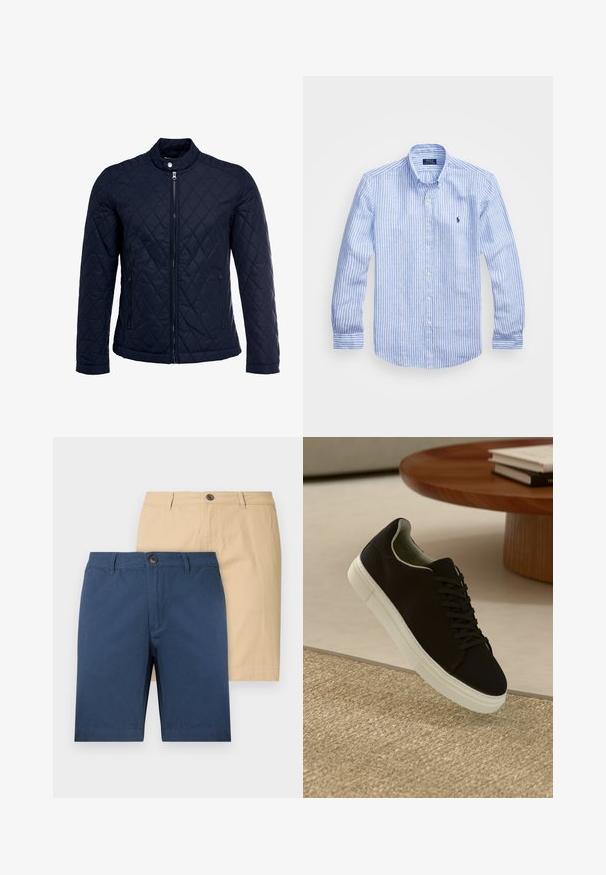 Merihenkinen tikattu takki, jossa on noususauma, täysin edessä vetoketju ja kaksi sivutaskua. Materiaali on sileäpintainen ja siinä on timanttikuvioita.; Sininen ja valkoinen raidoitettu pitkähihaisen paita, joka on valmistettu puuvillasta. Paidassa on napillinen kaulus, etunapit ja pieni kirjailtu logo rinnassa.; Kaksi paria shortseja: yksi tummansininen ja yksi beige. Valmistettu pehmeästä kankaasta, joissa on napin sulkijat ja suora leikkaus.; Musta lenkkari, jossa on valkoinen pohja, kelluu vaaleanbeige texturoituneen maton yllä pyöreän puupöydän vieressä, jonka päällä on pinottu kirjoja.