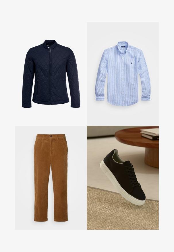 Casaco acolchoado azul-marinho com gola elevada, fecho de correr à frente e dois bolsos laterais. O material tem uma textura suave com padrões de diamante.; Camisa de manga longa azul e branca com riscas, feita de algodão, apresentando um colarinho abotoado, botões frontais e um pequeno logotipo bordado no peito.; Barbour STRETCH - Calças - dark honey; Sneaker preto com sola branca flutuando acima de um tapete texturizado bege, perto de uma mesa redonda de madeira com livros empilhados.