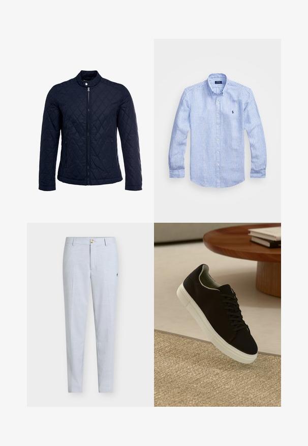 Tumesinine tikitud jakk, millel on püstine krae, täispikk tõmblukk ja kaks küljetaskut. Materjal on sileda tekstuuriga ja kaunistatud rombikujuliste mustritega.; Sinine ja valge triibuline pikkade varrukatega särk, mis on valmistatud puuvillast, ning millel on nööbitav krae, esi-nööbid ja väikese tikandiga logo rinnal.; Helerohelised püksid tekstuurse kangaga, sirgete säärtega, nööpidega suletavad ja väikese tikandiga küljel.; Mustad musta tossuga valge tallaga, mis hõljub beeži tekstuuriga vaiba kohal, ümaral puidust laual, mille peal on kokku virnastatud raamatud.