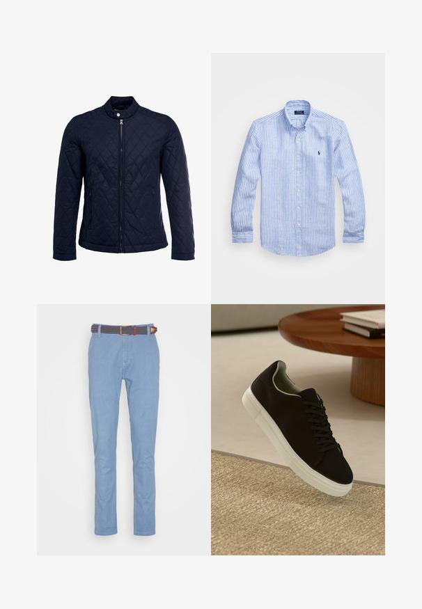 Granatowa pikowana kurtka z stojącym kołnierzem, pełnym zamkiem błyskawicznym i dwoma bocznymi kieszeniami. Materiał ma gładką teksturę z diamentowym wzorem.; Niebiesko-biała, w paski, koszula z długim rękawem, wykonana z bawełny, z kołnierzykiem zapinanym na guziki, guzikami z przodu oraz małym haftowanym logo na klatce piersiowej.; Jasnoniebieskie bawełniane spodnie o płaskim przodzie, prostej nogawce i wzorzystym, tkanym pasku z brązowymi akcentami.; Czarny sneaker z białą podeszwą unoszący się nad beżowym, teksturowanym dywanem w pobliżu okrągłego drewnianego stołu z poukładanymi książkami.