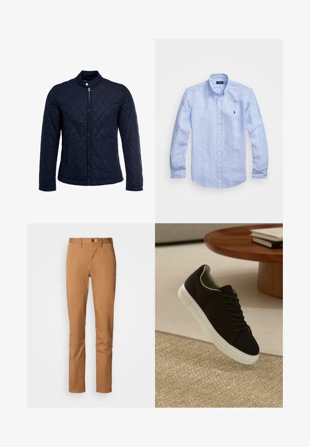 Jūras spēku krāsas nokrāsots džemperis ar izšūtu apkakli, pilnu priekšējo rāvējslēdzēju un divām sānu kabatām. Materiāls ir ar gludu faktūru, ar dimanta rakstiem.; Zila un baltā svītru garām piedurknēm krekls izgatavots no kokvilnas, ar pogājamu apkakli, priekšējām pogām un nelielu izšūtu logotipu uz krūtīm.; Slepenas khaki bikses ar pogu un rāvējslēdzēja aizdari, jostas cilpiņām un sānu kabatām uz baltā fona.; Melni sporta apavi ar baltu zoli, kas peld virs bēša tekstūrēta paklāja netālu no apaļa koka galda ar sakrautiem grāmatām.