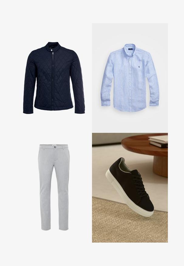 Marinefarbenes wattiertes Jackett mit Stehkragen, durchgehendem Reißverschluss und zwei seitlichen Taschen. Das Material hat eine glatte Textur mit Rautenmuster.; Blau-weißer gestreifter Langarmshirt aus Baumwolle mit einem Button-Down-Kragen, Frontknöpfen und einem kleinen gestickten Logo auf der Brust.; Helle graue Hose aus gewebtem Stoff, mit flachem Bund, Knopfverschluss und geradem Bein. Klare Linien und minimale Details.; Schwarze Sneakers mit weißer Sohle, die über einem beige strukturierten Teppich schweben, in der Nähe eines runden Holztisches mit gestapelten Büchern.