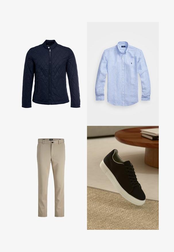 Navy quilted jacket featuring a stand-up collar, full front zip, and two side pockets. Material has a smooth texture with diamond patterns.; Blue and white striped long-sleeve shirt made of cotton, featuring a button-down collar, front buttons, and a small embroidered logo on the chest.; Beige trousers made from a smooth fabric, featuring a flat front, button closure, and straight legs with subtle stitching details.; Black sneaker with white sole floating above beige textured rug near round wooden table with stacked books.