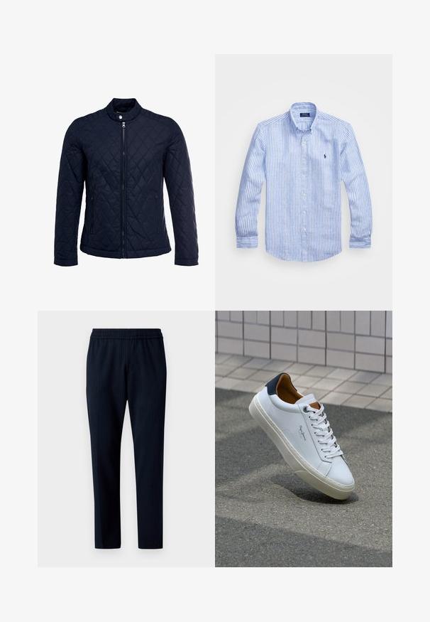 Jūras spēku krāsas nokrāsots džemperis ar izšūtu apkakli, pilnu priekšējo rāvējslēdzēju un divām sānu kabatām. Materiāls ir ar gludu faktūru, ar dimanta rakstiem.; Zila un baltā svītru garām piedurknēm krekls izgatavots no kokvilnas, ar pogājamu apkakli, priekšējām pogām un nelielu izšūtu logotipu uz krūtīm.; Jūras kara flotes krāsas bikses ar svītru rakstu, ar elastīgu jostasvietu un sašaurinātu formu. Izgatavotas no austu audumu.; Baltas ādas čības ar tumši zilu papēdi, apaļu purngalu un kontrastējošām brūnām detaļām. Aprīkotas ar plakanu auklu un struktūrētu gumijas zoli.