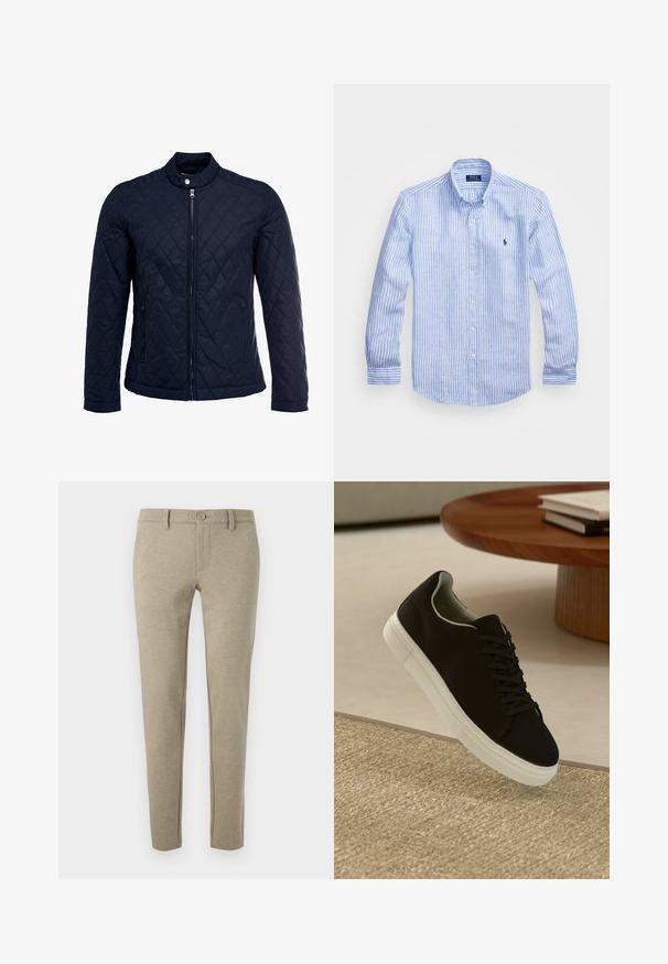 Mornarsko podloženo jakno z dvignjenim ovratnikom, polnim zadrgo in dvema stranskima žepoma. Material ima gladko teksturo s diamantnimi vzorci.; Modra in bela prugasta srajca z dolgimi rokavi iz bombaža, s kragnico na gumb, sprednjimi gumbi in majhnim izvezenim logotipom na prsih.; Bež hlače iz teksturiranega materiala, z gumbom za zapiranje in zopet zoženimi nogami, z stranskimi žepi in subtilnimi šivi.; Črni športni copat z belim podplatom lebdi nad bež teksturiranim preprogam blizu okroglega lesenega mize z zloženimi knjigami.
