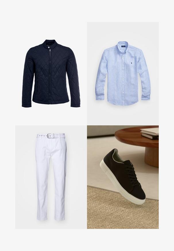 Veste matelassée bleu marine avec col montant, fermeture éclair sur le devant et deux poches latérales. Le matériau a une texture lisse avec des motifs en losange.; Chemise à rayures bleues et blanches à manches longues en coton, dotée d'un col boutonné, de boutons sur le devant et d'un petit logo brodé sur la poitrine.; Pantalon en coton blanc avec une coupe droite, nécessitant un tissu texturé, des passants de ceinture et une ceinture assortie avec des accessoires en métal argenté.; Baskets noires avec semelle blanche flottant au-dessus d'un tapis texturé beige, près d'une table en bois ronde avec des livres empilés.